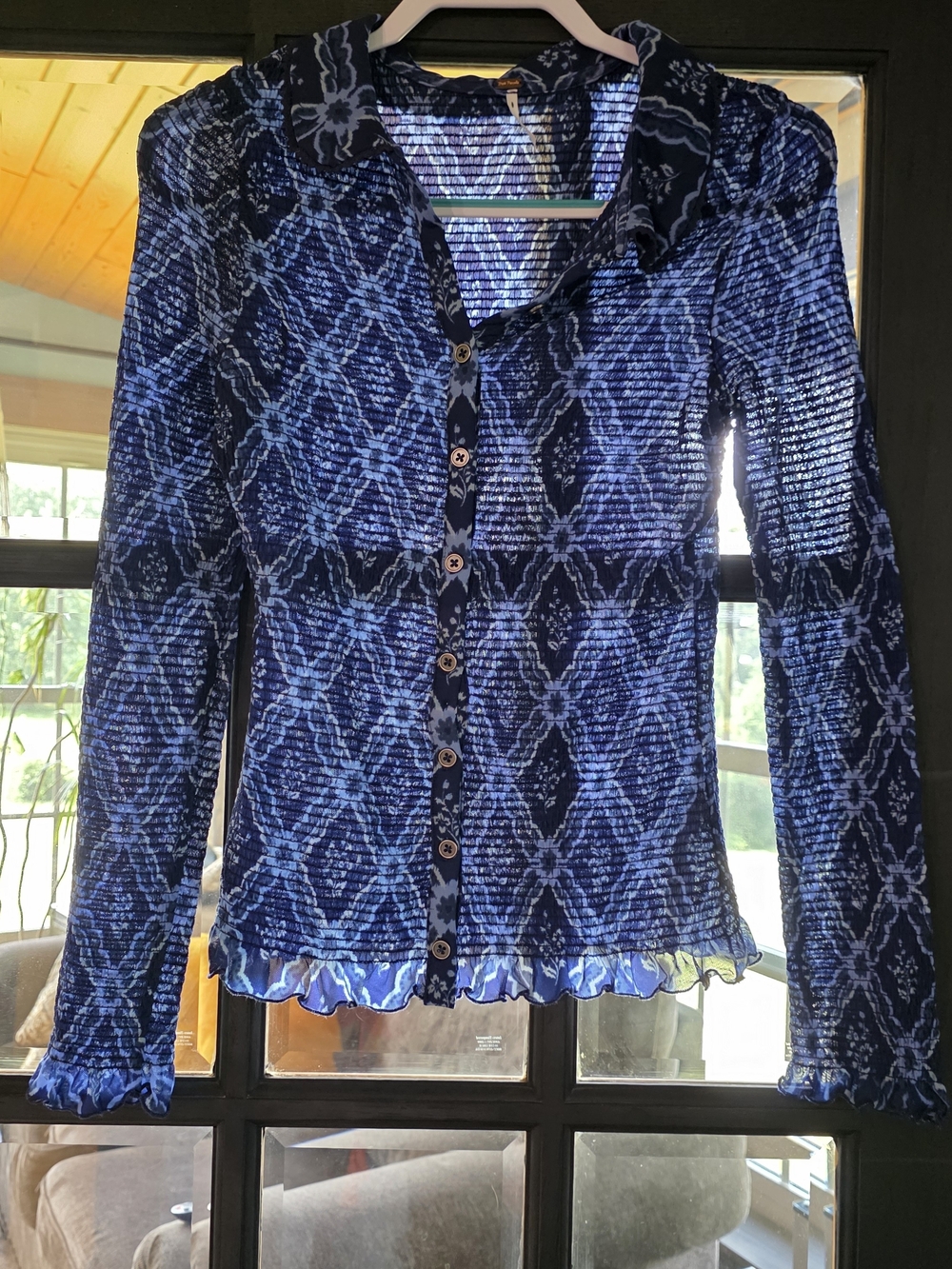 Free People Blue Diamond-Pattern Button Front Top